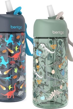 Bentgo Kids Water Bottle 2-Pack - Leak-Proof, Durable Tritan, BPA-Free 15 oz. Cup for Kids/Toddlers Ages 3+, Safe Sip Spout, & Dishwasher Safe for School/Sports/Daycare/Camp (Dinosaur/Dino Fossils)