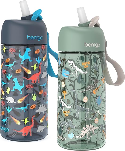 Bentgo Kids Water Bottle 2-Pack - Leak-Proof, Durable Tritan, BPA-Free 15 oz. Cup for Kids/Toddlers Ages 3+, Safe Sip Spout, & Dishwasher Safe for School/Sports/Daycare/Camp (Dinosaur/Dino Fossils)