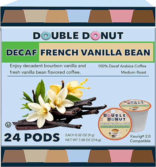 Double Donut Decaf French Vanilla Coffee Pods, Medium Roast Single Serve French Vanilla Bean Decaf Flavored Coffee Pods For Keurig K Cup Brewers, 24 Count