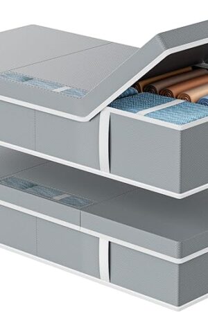 Yecaye 2 Pack Under Bed Storage Containers, Large Underbed Storage Drawers with Lid, Foldable Low Profile Stackable Bins with Clear Window & 4 Handles for Clothes, Blanket, Shoes, Grey, 31.5*15.75*6in