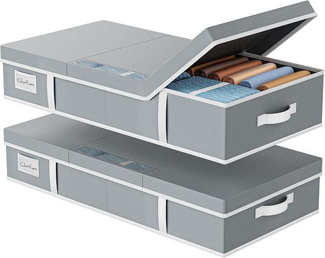 Yecaye 2 Pack Under Bed Storage Containers, Large Underbed Storage Drawers with Lid, Foldable Low Profile Stackable Bins with Clear Window & 4 Handles for Clothes, Blanket, Shoes, Grey, 31.5*15.75*6in