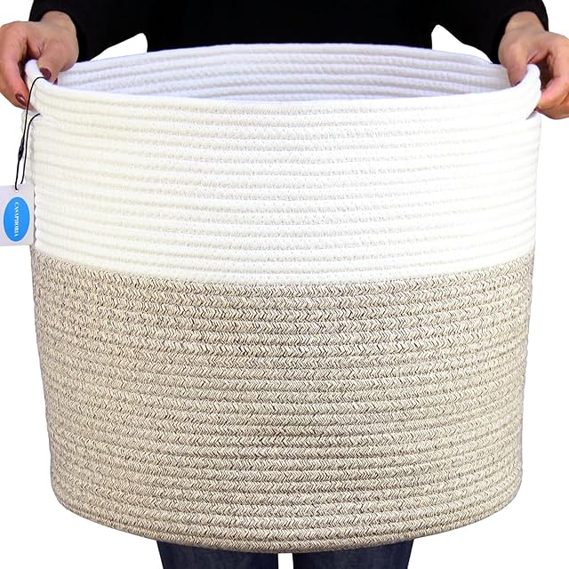Casaphoria Large Cotton Rope Storage Baskets with Handles for Organizing,Round Woven Baskets for Blanket Pillows,Tall Woven Cotton Rope Laundry Hampe for Bedroom Bathroom LivingRoom