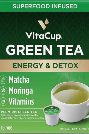 VitaCup Green Tea Pods 16 Ct - Enhance Energy & Detox with Matcha | B Vitamins, D3, Moringa | Keto, Paleo, Vegan | Recyclable Single Pod | Compatible with Keurig