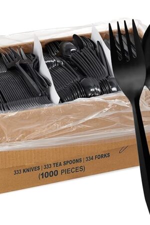 1,000 Plastic Disposable Cutlery Bulk Variety Pack Black Medium Weight Includes 334 forks, 333 knives, 333 soup spoons, Disposable Silverware Plastic Cutlery