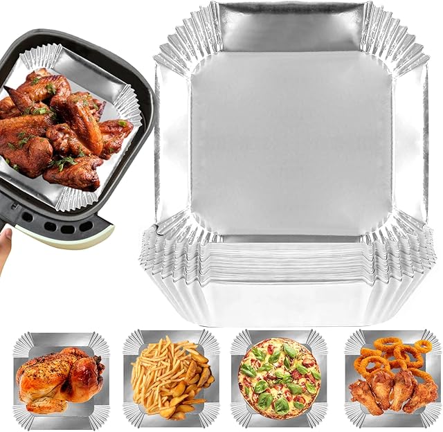 Air Fryer Paper Liners, 100Pcs Aluminum Foil Air Fryer Disposable Paper Liner, 6.3? Square Non-stick Sheets, Food Grade Aluminum Foil for Baking, Frying, Grilling, Roasting Microwave
