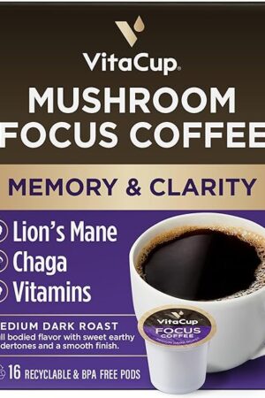 VitaCup Mushroom Coffee Pods - Boost Focus & Immunity with Lions Mane, Chaga, Vitamins, for Memory & Clarity, Recyclable K-Cup Pods, 16 Ct