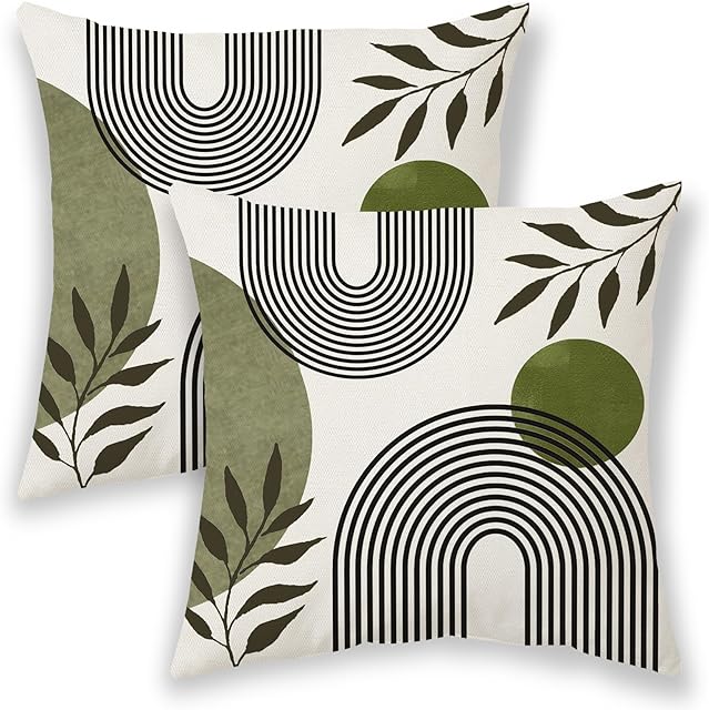 Boho Summer Pillow Covers 18x18 Inch 2 Pcs, Sage Green and Tropical Leaf Outdoor Decorative Throw Pillows, Mid Century Abstract Art Farmhouse Decor Pillowcase Linen Cushion Cover for Couch Sofa