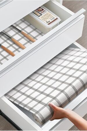 Drawer and Shelf Liner, Non-Slip Kitchen Cabinet Liners Non-Adhesive Thick Strong Grip Waterproof Washable Mats Protect Dresser Shelves Cupboard Bathroom Cabinets, White Stripes, 12 in X 10 FT