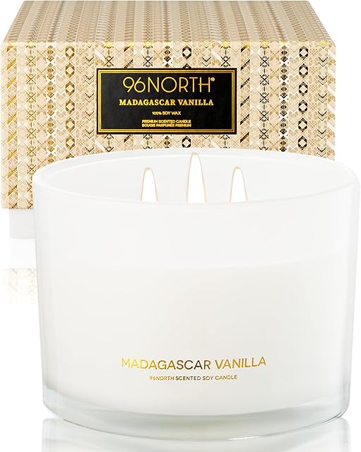 96NORTH Vanilla Scented Candles | Large 3 Wick Jar Candle | Up to 50 Hours Burning Time | 100% Natural Soy Wax | Relaxing Scented Candle for Home | Gift-Ready Luxury Candle for Men & Women