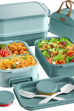 Adults Bento Lunch Box Set with Thermo Bag, 74oz Stackable Leak-proof 3-tiers Bento Box, Built-in Utensil and Sauce Container for Work, School, Dining Out (Green)