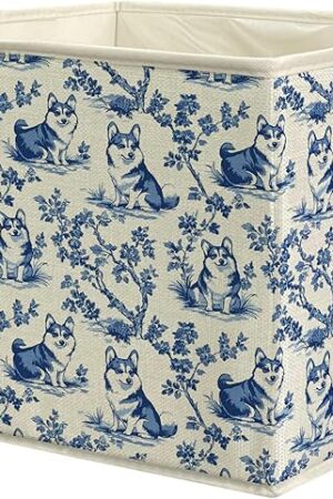 Vintage Blue Chinoiserie Husky Dog Storage Bins, Husky Lover Gifts, French Country Toile de Jouy Collapsible Storage Box Laundry Basket with Handle for Bedroom Bathroom Office Clothes Toys Books