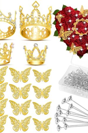 cridoz Gold Crowns for Flower Bouquets, Flower Bouquet Accessories Including 4 Pcs Bouquet Crown, 12 Pcs Butterfly Decorations and 50 Pcs Flower Pins for Birthday Wedding Baby Shower