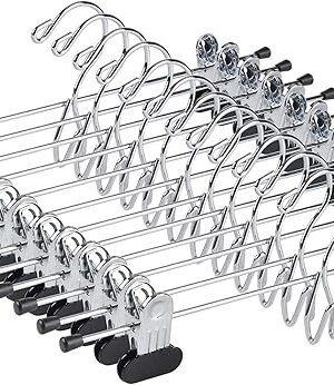 Amber Home 20 Pack Heavy Duty Metal Pants Skirt Hangers, Stackable, Adjustable Clips, Space Saving for Jeans, Slacks