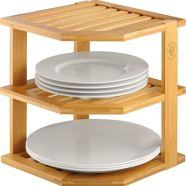Bamboo Corner Rack Cabinet Organizer Shelf Stackable Design Countertop Stand