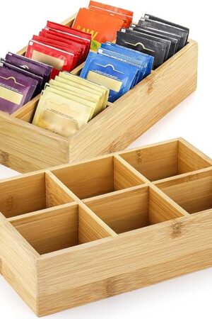 Dicunoy 2 Pack Bamboo Tea Bag Organizers, Wood Tea Bag Storage for Drawers with 6 Roomy Compartments, Sturdy Tea Chest Boxes for Shelf, Coffee Station, Sugar Packet, Sweeteners, Small Packets