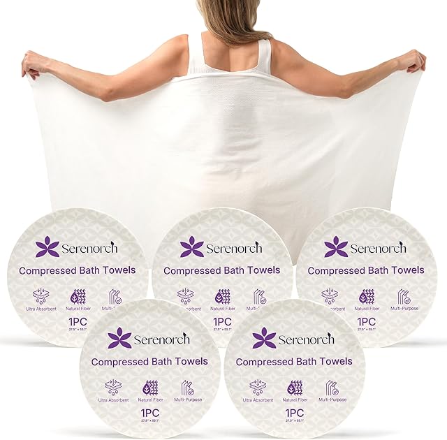 Compressed Bath Towel Tablets 5 Pack, 55" × 27.5" Extra Large Disposable Bath Towels for Travel, Camping Beach