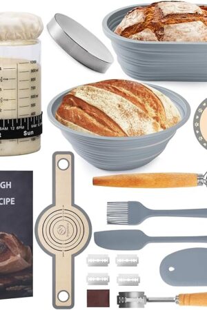 Angadona Sourdough Starter Kit, Sourdough Bread Baking Supplies, 40oz Sourdough Starter Jar, 9" Round & 10" Oval Silicone Bread Proofing Baskets Set, Bread baking tools,Silicone bread Sling