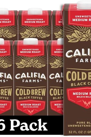 Califia Farms - Pure Black Medium Roast Cold Brew Coffee, 32 Oz (Pack of 6), 100% Arabica, Shelf Stable, Plant Based, Vegan, Gluten Free, Non GMO, Sugar Free, Iced Coffee