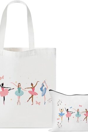 Y1tvei Ballerina Canvas Tote Bag - 2Pcs Ballerina Watercolor Print Makeup Bag Set, Cute Ballet Dancing Girl Canvas Tote Bag, Reusable Grocery Shopping Bag, Dance Recital Gifts for Ballerina Women