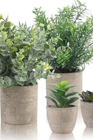 ALAGIRLS 4 Packs Fake Plants Small Artificial Plants Indoor Eucalyptus Rosemary Succulents Plants Potted Faux Plants for Home Indoor Office Bathroom Living Room Decor