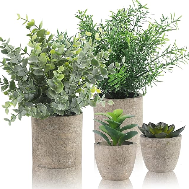 ALAGIRLS 4 Packs Fake Plants Small Artificial Plants Indoor Eucalyptus Rosemary Succulents Plants Potted Faux Plants for Home Indoor Office Bathroom Living Room Decor