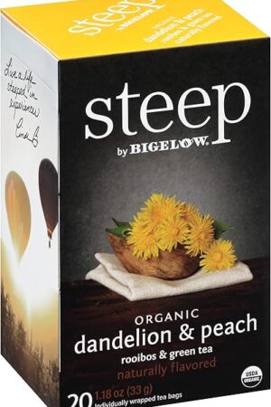 Bigelow Tea Steep Organic Dandelion & Peach with Rooibos & Green Tea Bags, Caffeinated, 20 Count, Pack of 6