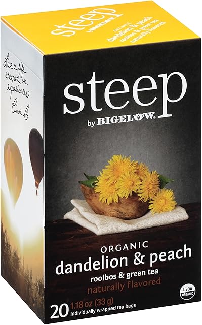 Bigelow Tea Steep Organic Dandelion & Peach with Rooibos & Green Tea Bags, Caffeinated, 20 Count, Pack of 6