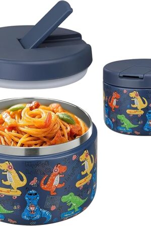 12oz Insulated Vacuum Food Jar with Buckle Lid Wide Mouth Soup Thermo for Hot Food Kids Leakproof Stainless Steel Lunch Container (Blue-Dinosaur)
