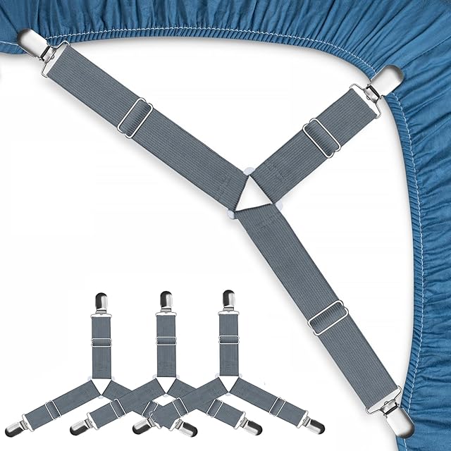 Bed Sheet Straps, Easy to Install Sheet Straps, Fitted Sheet Clips, Adjustable Sheet Fasteners, Say Goodbye to The Messy Sheets (Gray-4 Pcs)
