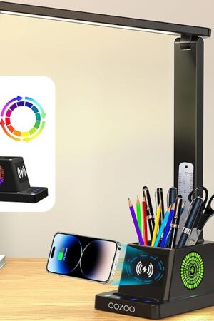 cozoo Desk Lamp,LED Desk Lamps for Home Office,Wireless Charger Small Desk Lamp with Pen Holder,Color Changing Nightlight,12 Lighting Modes,Desk Lamp for College Dorm Room,Desk Light,Nail Desk Lamp