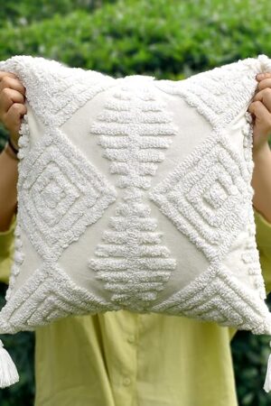 Boho Style Sofa Throw Pillow Covers – Exquisitely Crafted with Hand-Finished Tuft with Thick Cotton Tassel Details – Soft & Stylish Moroccan Decorative, 18x18inch (Spring Ruched)