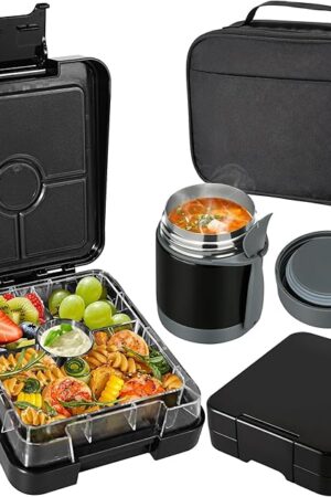 Bento Lunch Box Set With 10oz Soup Thermo, Leak-proof Lunch Containers with 4 Compartment, Kids Hot Thermo Food Jar/Insulation Lunch Bag, Food Containers for School (Black)