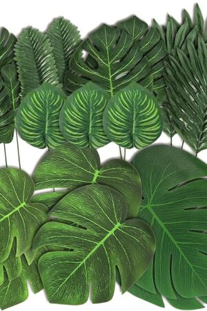 78 Pieces 7 Kinds Artificial Tropical Leaf Jungle Leaves Plant Safari Leaves Decorations for Hawaiian Party Decorations Beach Birthday Luau Party Decorations