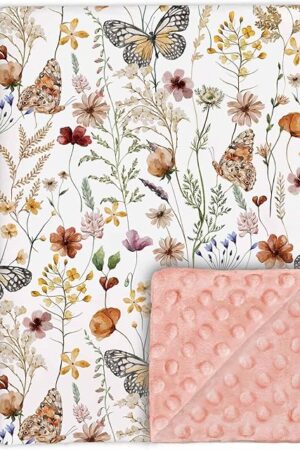 Wildflower Butterfly Baby Blanket for Girls, Soft Double Layer Minky with Dotted Backing, Flower Garden Theme Toddler Nursery, Newborn Infant Toddler Crib Bedding, Receiving Blankets, 30"x40"