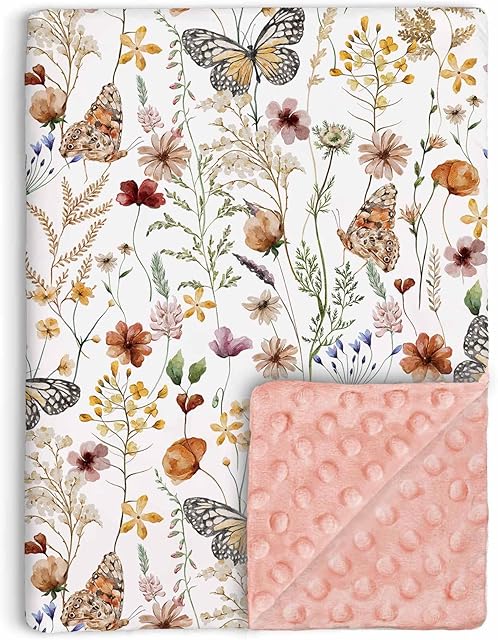 Wildflower Butterfly Baby Blanket for Girls, Soft Double Layer Minky with Dotted Backing, Flower Garden Theme Toddler Nursery, Newborn Infant Toddler Crib Bedding, Receiving Blankets, 30"x40"