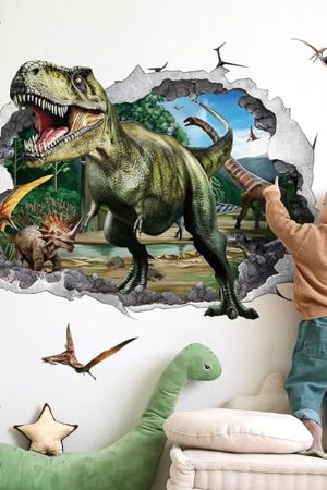 wondever 3D Large Dinosaur Wall Stickers Dino Crack Hole Dinosaur Animal Peel and Stick Wall Art Decals for Boys Room Baby Nursery Kids Bedroom