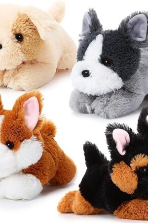 4 Pack 8 Inch Dog Plush Stuffed Animal Soft Fluffy Puppy Pillow Set Theme Party Favor Contains Corgi Schnauzer Golden Retriever German Shepherd Toy Gift (Classic Style)