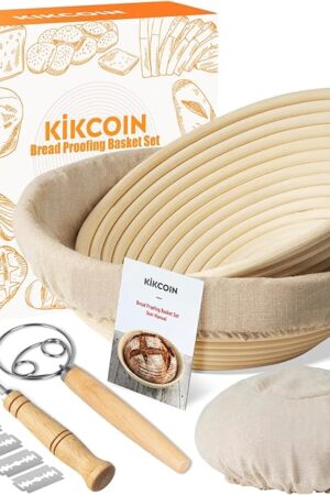 Bread Proofing Basket, Kikcoin Banneton Bread Proofing Basket Set of 2, 9 Inch & 10 Inch Round Sourdough Proofing Basket with Linen Liner, Bread Lame, Dough Whisk