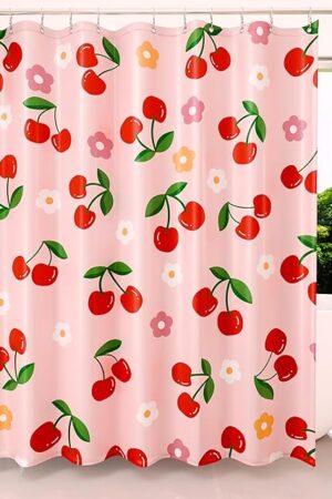 Anybar Fabric Shower Curtain Cute Floral Cherry Curtains Waterproof Soft Polyester Bathroom Curtain- Decorative Washable Privacy Cloth Shower Curtain for Bathroom Hotel (72x72inch) Pink