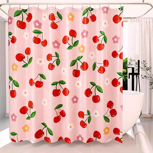 Anybar Fabric Shower Curtain Cute Floral Cherry Curtains Waterproof Soft Polyester Bathroom Curtain- Decorative Washable Privacy Cloth Shower Curtain for Bathroom Hotel (72x72inch) Pink