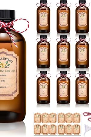 12 Pack Amber Glass Bottles for Vanilla Extract Homemade 8 oz,Vanilla Extract Bottles,Brown Boston Round Bottle with Caps and Stickers,Glass Food Storage Canister for Syrup Beans Sauce Essential Oil