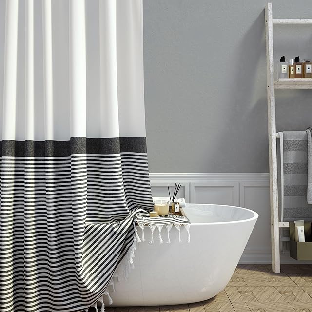 Dynamene Modern Farmhouse Fabric Shower Curtain Boho Black and White Striped Cloth Bathroom Shower Curtain with Tassels, Hotel Luxury Decorative Shower Curtain Set with 12 Hooks - 72x72