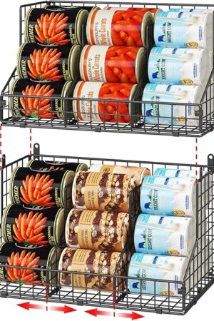 2 Pack Stackable Can Rack Organizer for Pantry Storage,Can Dispensers with 4 Adjustable Dividers, 2-Tier Metal Wire Basket Beverage Pop Soda Rack for Kitchen Cabinet Pantry, Black
