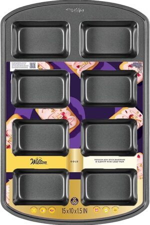 Wilton Gold Premium Non-Stick Warp-Resistant Bakeware, Made without PFAs, Mini Loaf Pan, 8-cavity, 15 x 10 x 1.5 in, Packaging May Vary