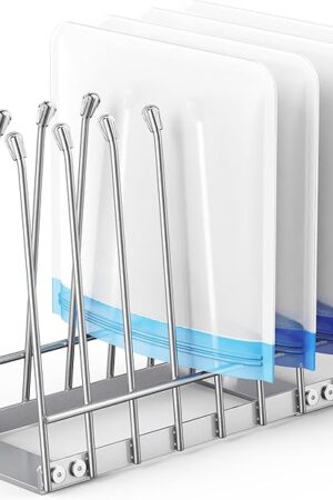 Bag Drying Rack Organizer, Foldable Metal Stand for Reusable Ziplock & Silicone Storage Bags, Rustproof Kitchen Dryer，Silver