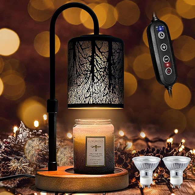 Candles Warmer with Timer and Dimmer, Adjustable Height Candle Melter, Electric Wax Warmer Vintage Home Decor for Jar Candles,2 Bulbs,Black