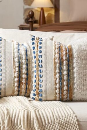 Aeckself Boho Chenille Tufted Throw Pillow Covers 18x18 Inch Set of 2, Farmhouse Decorative Striped Square Pillow Covers Accent Neutral Pillowcase for Living Room Couch Bed, Caramel Brown