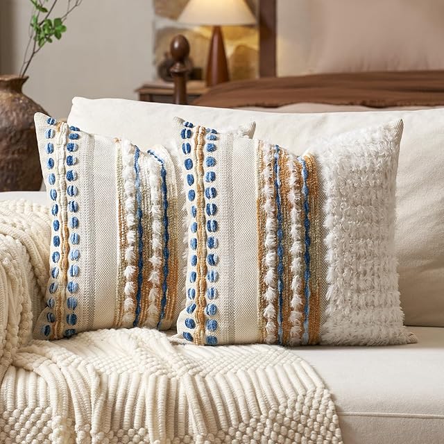 Aeckself Boho Chenille Tufted Throw Pillow Covers 18x18 Inch Set of 2, Farmhouse Decorative Striped Square Pillow Covers Accent Neutral Pillowcase for Living Room Couch Bed, Caramel Brown