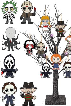 10pcs Halloween Tree Ornaments - Horror Movies Christmas Ornaments for Tree, Wooden Hanging Ghostface Decor, Scary Movie Gifts, Mini Horror Movie Merchandise Halloween Trees Decorations Indoor Outdoor