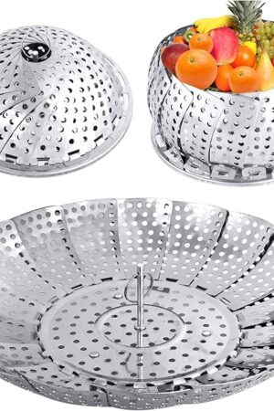 Veggie Vegetable Steamer Basket, Folding Steaming Basket, Metal Collapsible Stainless Steel Steamer Basket Insert, for Cooking Food, Expandable Fit Various Size Pot(5.3" to 8.6") YLYL